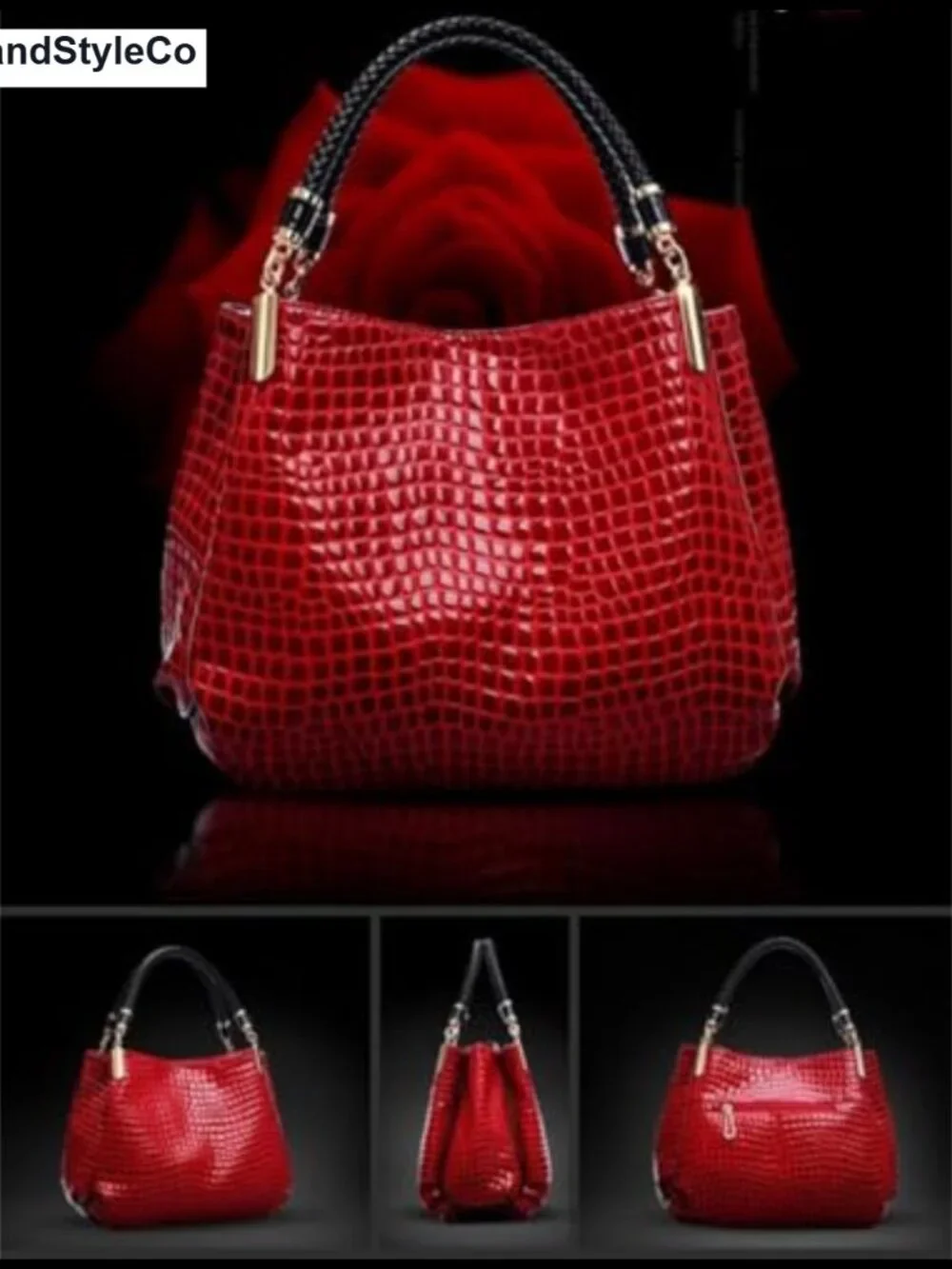 Patent Leather Hobo Tote with Stone Pattern, Adjustable Shoulder Strap,